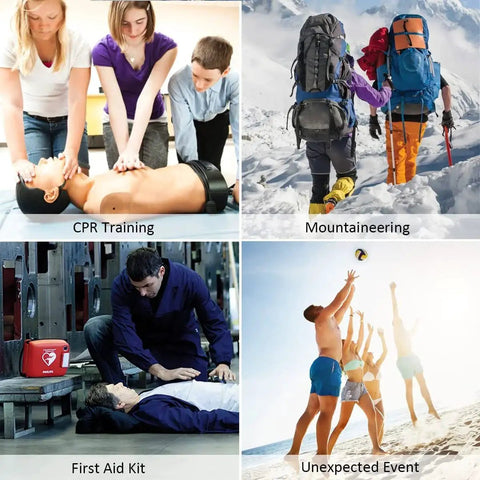 Collage featuring CPR training, mountaineers, first aid kit, and unexpected event highlighting Set Of 50 Portable CPR Masks With One Way Valve Breathing Barriers In Nylon Pouch Disposable CPR Shield Key Chain Rings For First Aid And AED Training Emergency Medical Prep Colorful 50 Pack.