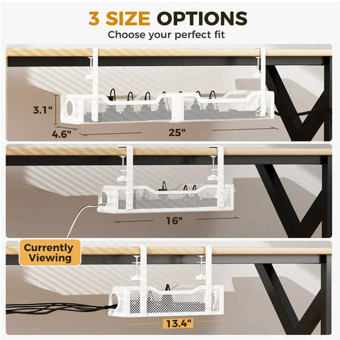 Three size options for Under Desk Cable Management Tray White Clamp On No Drill Wire Organizer For Office And Home