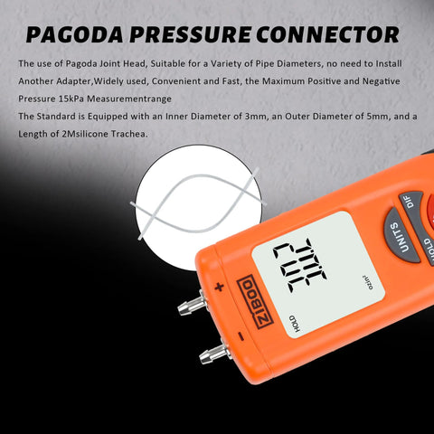 ZIBOO ET1013 digital manometer, orange handheld HVAC gas pressure tester with dual ports and backlit LCD