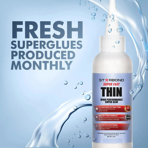 Premium Instant CA Glue For Woodturning And Inlay Projects, Super Fast Thin Formula with visible water splash and Starbond label