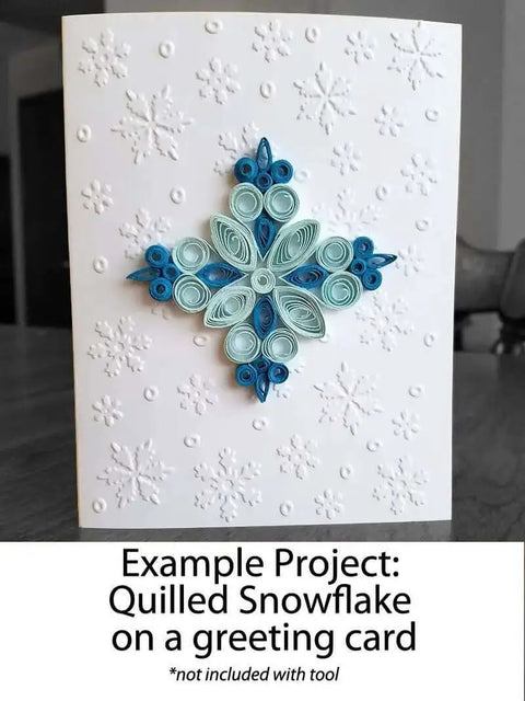 Quilled snowflake design on a greeting card, example project for using the Pro Grade Quilling Tool Kit