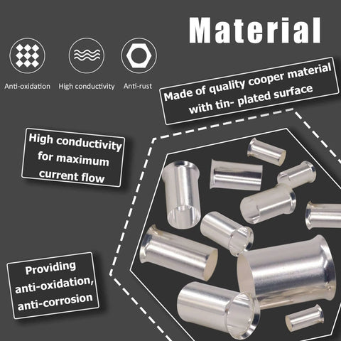 Close-up of tin-plated copper ferrules from 166 Piece Wire Ferrules Set For AWG Twelve To Two Zero Copper Tinned Non Insulated Crimp Connectors.