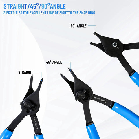 12 Piece Snap Ring Pliers Set With 300 External Rings, showing straight, 45, and 90-degree tips for auto maintenance