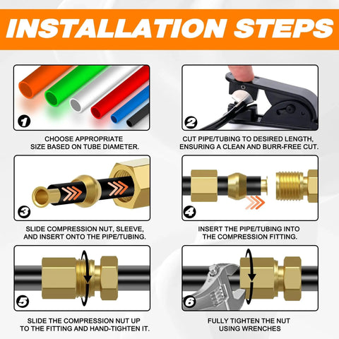 Installation steps for brass compression fittings kit, 280 pieces, six sizes, includes sleeve ferrules and inserts.