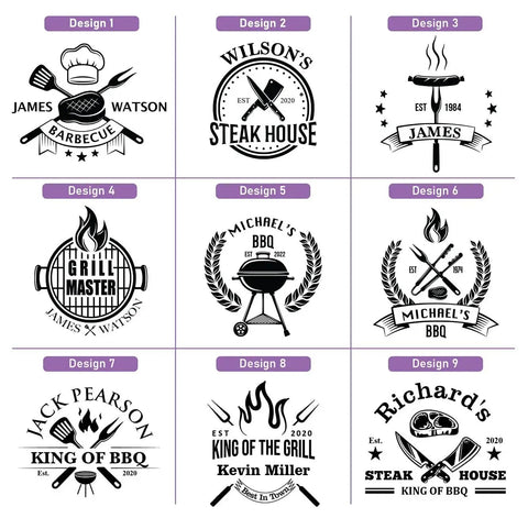 Various personalized BBQ and grilling board designs featuring names, grilling icons, and engraving options for customized cutting boards.