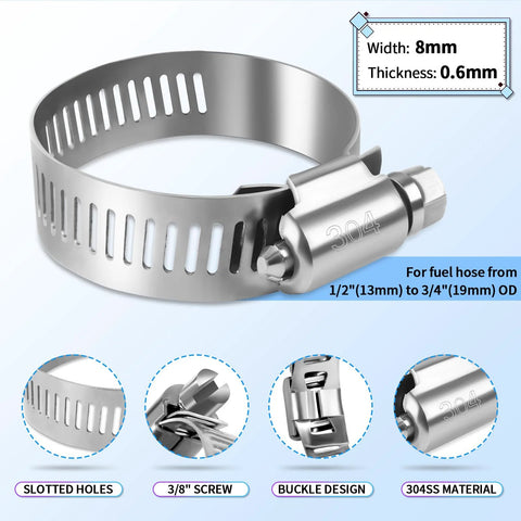 Boltigen 304 stainless hose clamp with 3/8 in screw; 8mm width, 0.6mm thickness, slotted holes for 1/2–3/4 in hoses.