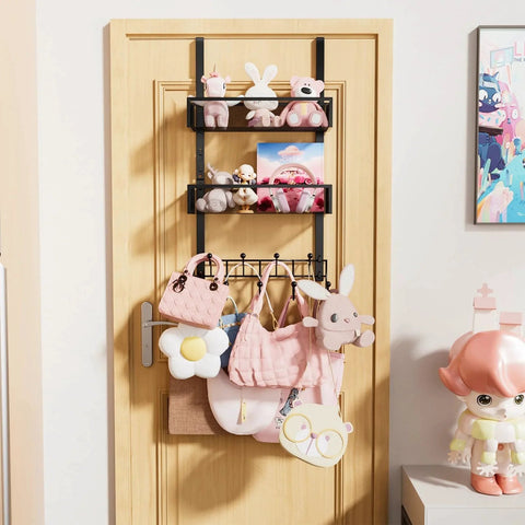 Over The Door Organizer With Nine Coat Hooks And Two Mesh Baskets For Towels And Small Essentials, Black Finish, on wooden door