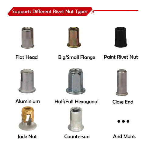 Various rivet nuts including flat head, hexagonal, and jack nut types for Rivet Nut Tool Kit With 16 Inch Gun 15 Mandrels 200 Rivet Nuts