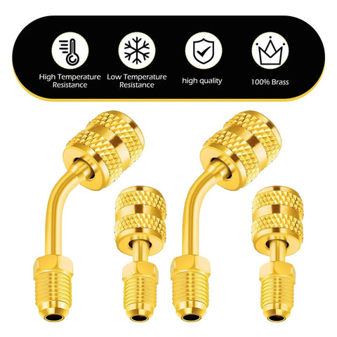 Zikefest R410A mini split adapters, gold brass, 4 fittings: 2 straight, 2 angled, 5/16 in female to 1/4 in male flare for HVAC.