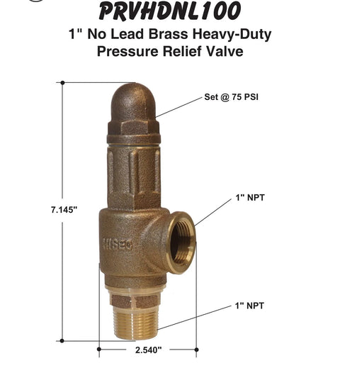 Merrill PRVHDNL100 brass heavy-duty pressure relief valve, 1 in NPT ports, factory set at 75 PSI