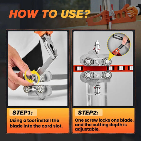 Instructions for Foldable Drywall Cutter Tool For Home Renovation With Laser Etched Dual Scale Cuts One Quarter Inch, Three Eighths Inch, And One Half Inch Gypsum Board Portable Drywall Cutting Tool With Dual Positioning Red And Ten Replacement Blades, showing blade installation and depth adjustment.