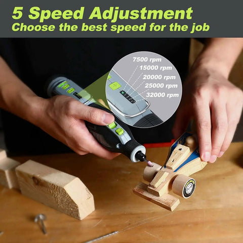 Person using the Cordless 12V Rotary Tool Kit With 5 Speed Settings, 114 Easy Change Accessories, Engraver for DIY crafts.