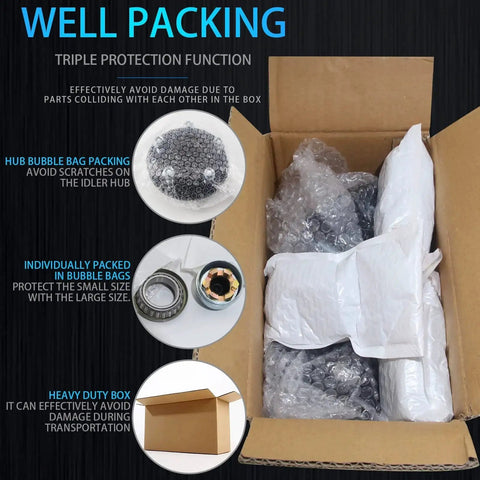 Trailer Hub Kit For 3500 Lb Axles, 5 Lug, 4.5 Inch Hub Diameter, Includes 2 Sets, 6.34 Inch Hub, Fits 1-1/16 To 1-3/8 Tapered Spindles, L44649 Outer Bearings And L68149 Inner Bearings with bubble wrap packaging in box