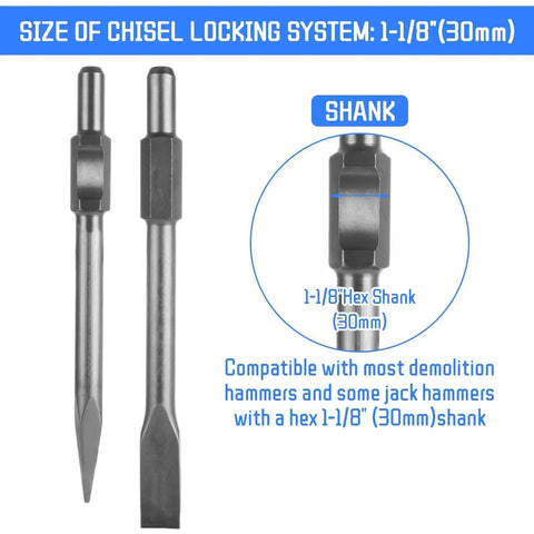 2 Pack Jack Hammer Chisel Set With 1 1/8 Inch Hex Shank Point And Flat Concrete Chisels For Demolition Breaker Drills By LOPYXBR