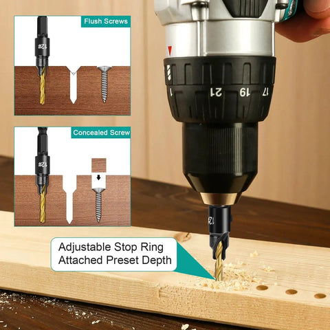 Five Piece Wood Countersink Drill Bit Set With Depth Stop And Adjustable Length For Precise Wood Finishing In Use
