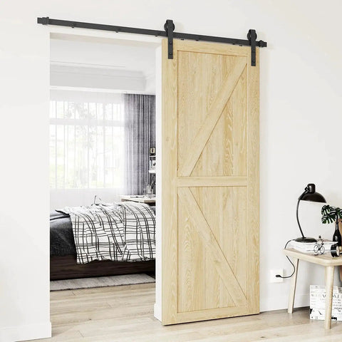 Sliding Barn Door Hanger Rollers Set Of Two For All Barn Door Hardware Kits, J-Shape Hangers, installed on wooden door in bedroom