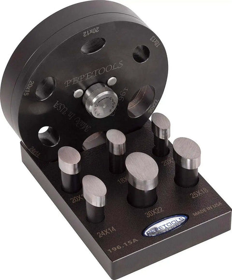 Oval Cabochon Disc Cutter Set With 6 Dies For Jewelry Making And Metal Forming Includes Organizer Stand PepeLube And Red Urethane Base 30x22 To 18x13 mm Sizes Made In USA