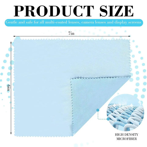 Blue microfiber glasses cloth 6x7 inches with zoomed texture detail for screens. Microfiber Glasses Cloth 15 Pack 6x7 Scratch Free Assorted Colors For Screens.