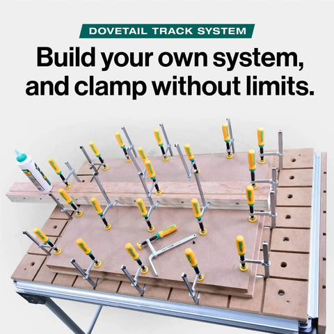 MatchFit Dovetail Clamps for Woodworking Track System Tools 2 Pack Yellow Green in use on workbench with routed grooves.