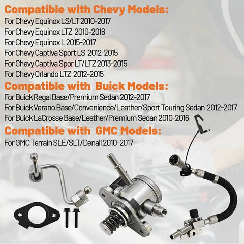 High Pressure Fuel Pump With Fuel Hose Kit For Chevy Equinox 2010 2017 GMC Terrain Buick Regal 2012 2017 2.4L Fits Like A Dream Direct Fit Replacement 12641847 12633423 With OE Style Connectors And Durable Performance, showing fuel pump and hose with connectors.