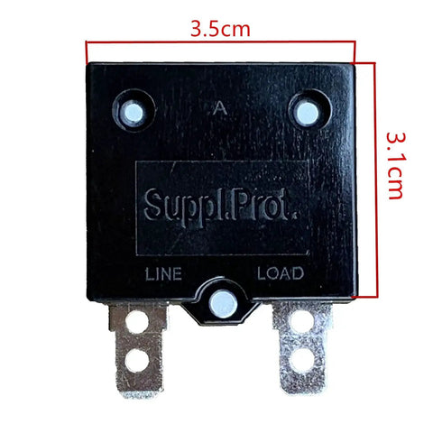 Front view of Automatic Reset Circuit Breaker 35A Thermal Switch for Kids Ride On Toy Cars, showing dimensions and connectors