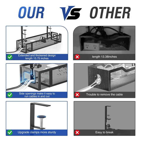 Comparison of Under Desk Cable Tray With No Drill Installation showing design, openings, and clamp differences between two products.