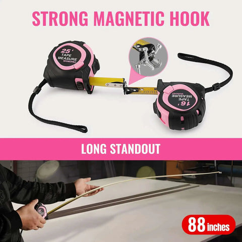 25 Foot Tape Measure With Fractions, Retractable Steel Blade, Magnetic Hook, Three Brake System, Nylon Coating in Pink