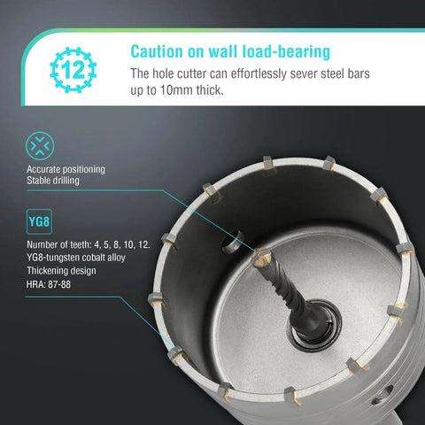 Close-up of hole saw from 9 Piece Concrete Hole Saw Kit For Rotary Hammer With SDS Plus And SDS Max Shanks, showing teeth and drill bit.