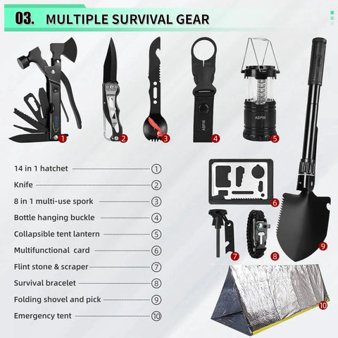 171 Piece Survival First Aid Kit With Emergency Gear And MOLLE Nylon Bag, showing multiple survival tools and emergency tent