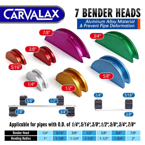 Ratcheting Tube Bender Kit With 7 Color Coded Aluminum Heads For One Quarter To Seven Eighths Inch Pipes and specifications chart