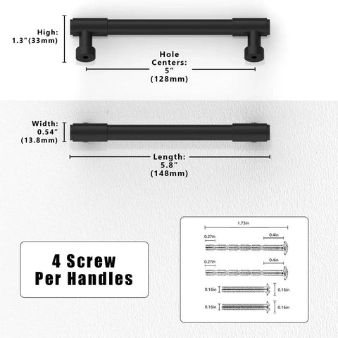 Diagram showing measurements for 10 Pack Matte Black Cabinet Pulls 5 Inch 128mm Long Life Kitchen Cabinet Handles, includes screws.