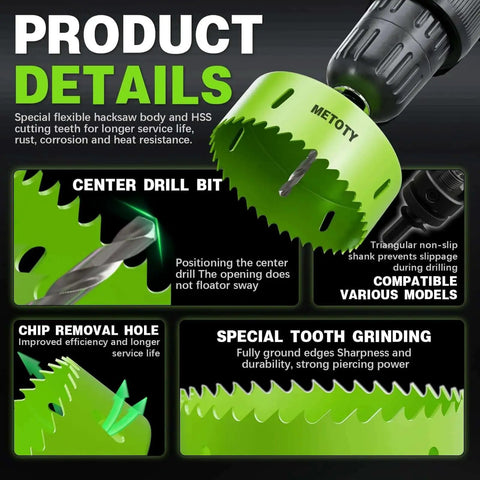 8 In 1 Bi Metal Hole Saw Kit details showing center drill bit, chip removal hole, and tooth grinding features for LED installations