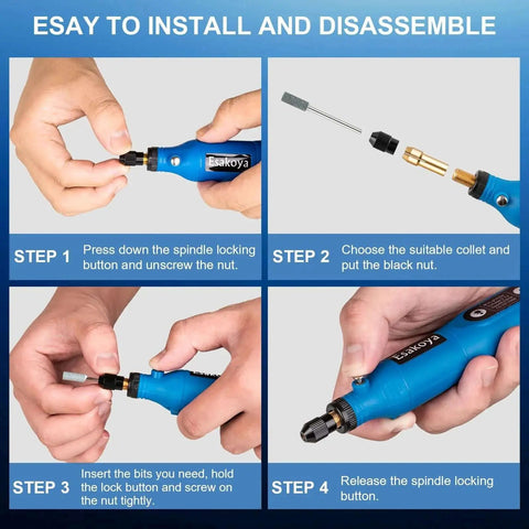 Instructions showing assembly of Cordless Rotary Tool Kit With 75 Accessories For Engraving Sanding Polishing Drilling And Grinding