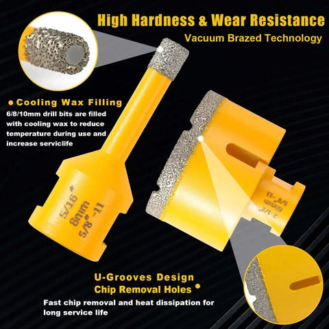 Close-up of yellow vacuum brazed diamond core drill bit set for marble ceramic and porcelain tiles with cooling wax filling.