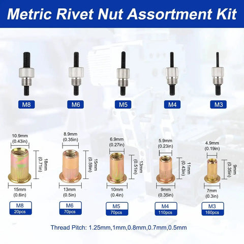 Rivet Nut Tool Kit With 430 Piece Metric Rivnuts Set M3 M4 M5 M6 M8, showing various sizes and thread pitches on display.