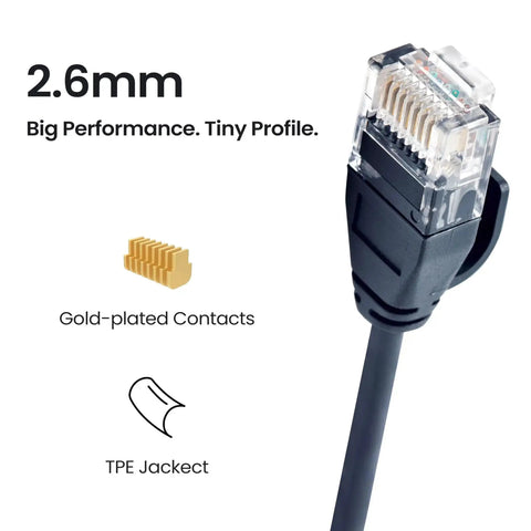 Cat6A Ultra Slim Ethernet Patch Cable 20 Ft 34AWG U/UTP Black TPE Jacket with Gold-Plated Contacts for Fast Internet