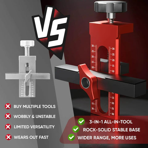 Comparison of Must Have 3 In 1 Cabinet Door Mounting Jig With Support Base vs standard tool, showing adjustable red aluminum design.