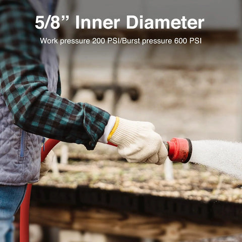 Rubber garden hose, 5/8 in inner diameter, red with spray nozzle for outdoor watering