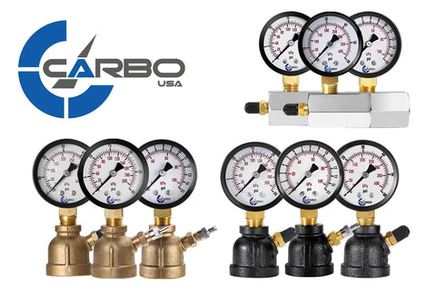 CARBO gas test pressure gauge manifold with 3 gauges, 1-inch FNPT, brass valves, chrome-plated steel body, 0-30 psi