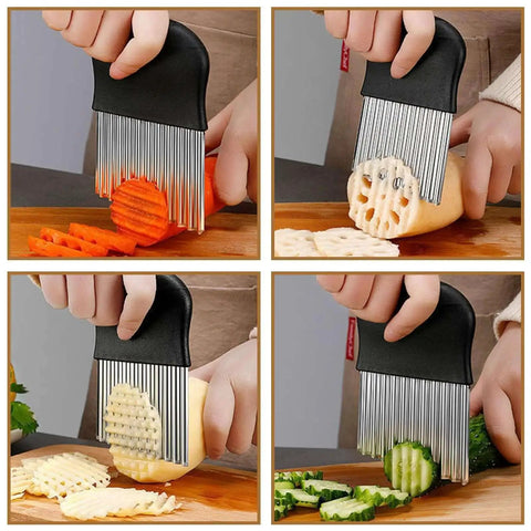 One Piece Crinkle Cutter And French Fry Cutter For Potatoes And Vegetables Stainless Steel Wavy Slicer Durable Black Kitchen Tool In Use