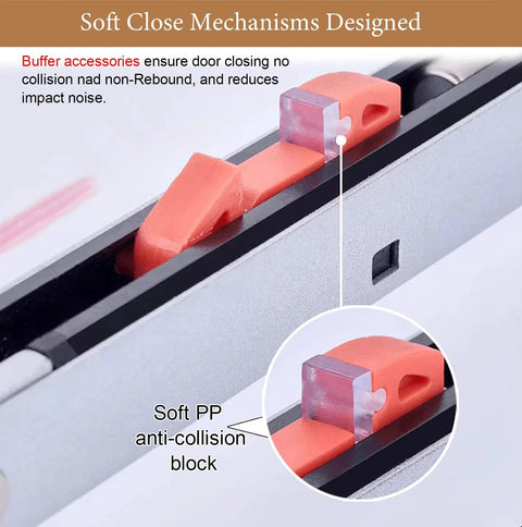 Close-up of soft-close mechanism with buffer accessory on a Soft Close Sliding Barn Door Hardware Kit, showing anti-collision block.