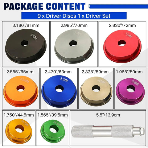 Bearing Race And Seal Driver Set 10 piece showing 9 adapters with sizes and driver tool