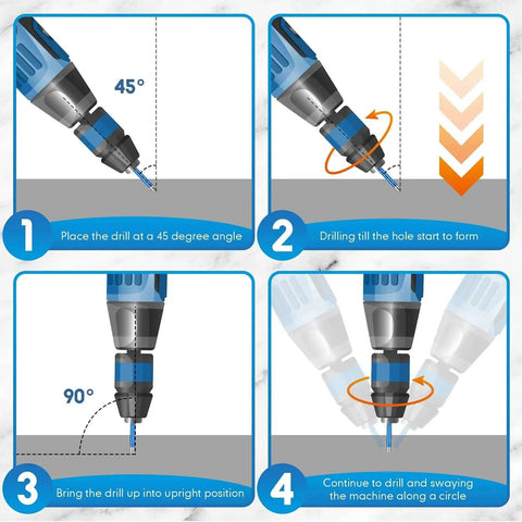 Instruction diagram for using Dry Diamond Drill Bits Set 10 Pieces One Quarter Inch Six Millimeter Hole Saw Kit for drilling clean holes