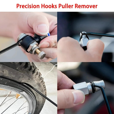 Close-up of DIY Friendly Precision Pick And Hook Set for Cars and Auto Repair used on bolts and bike tire, 10 Piece Mechanic Puller Remover Kit