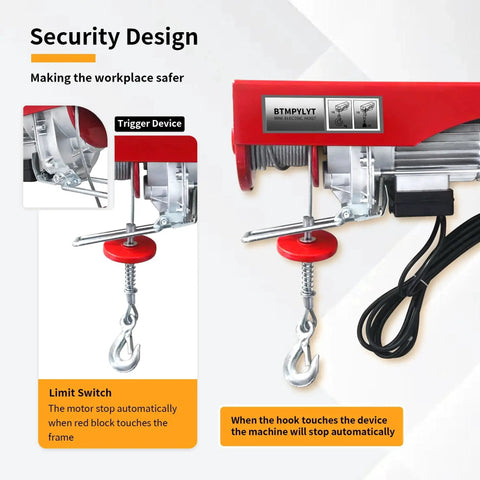 BTMPYLYT 110V electric hoist winch with red housing, steel wire rope and lifting hook, wired remote