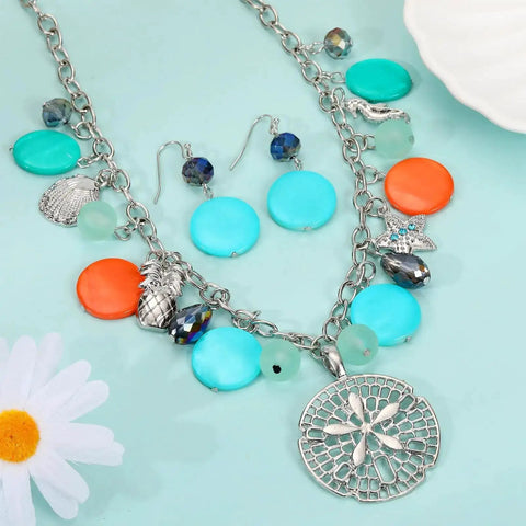 Colorful necklace and earrings with shell, starfish, and round charms on silver chain, 450 Piece Eye Screw Pins Set.