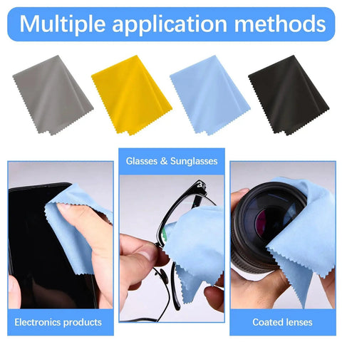 Multiple uses of 80 Pack Multi Color 6x7 Microfiber Cleaning Cloths For Glasses And Screens shown on electronics and lenses.