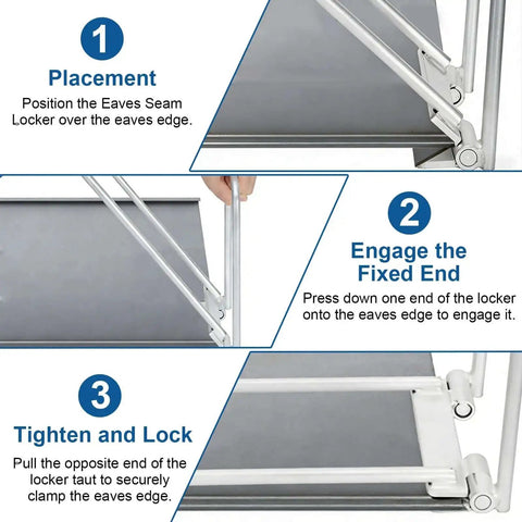 Steps showing how to use Heavy Duty Eaves Seam Locker Tool For Metal Roofs And Drip Edge Hemming Bender Pro Grade 180 Degree Lock And Bend