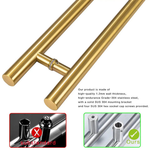 Gold 12 Inch H Shaped Sliding Barn Door Handle In 304 Stainless Steel shown close-up with mounting bracket