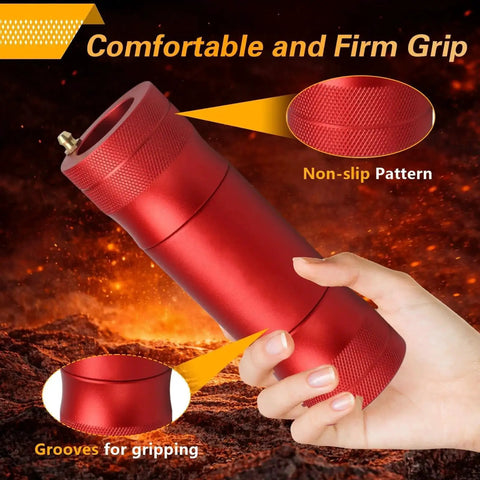 Hand holding 30mm 39mm Wheel Bearing Grease Tool For UTV And ATV Front Rear Lubrication With Integrated Storage Tube, red anodized finish.